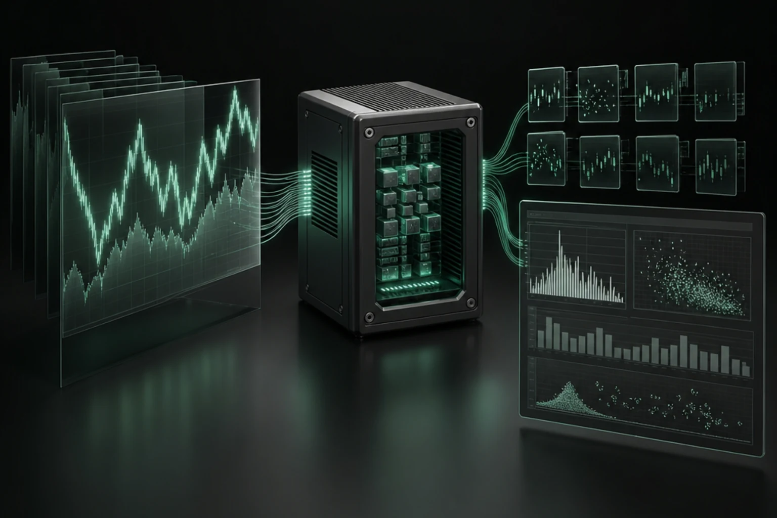 Historical price series feeding a dark graphite backtest engine that branches into simulated trade tiles and a mint metrics panel.