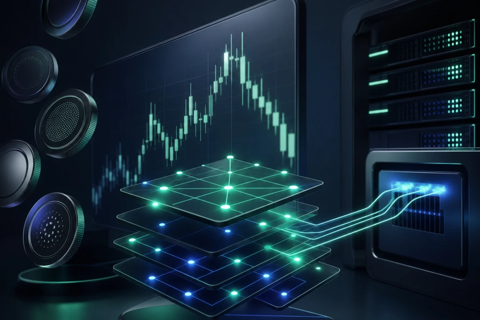 Illustration for Coinbase Advanced trading bots showing abstract crypto market charts, connected order-routing nodes, and an exchange server in dark mint colors