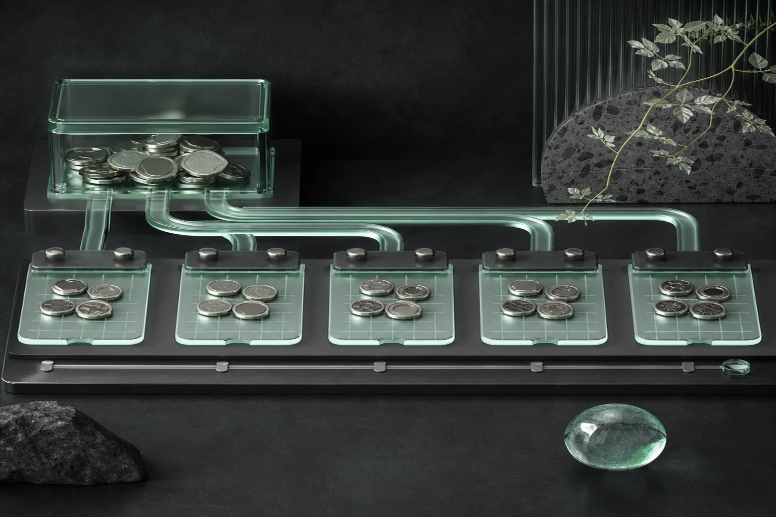 Dark graphite calendar trays receiving equal groups of unbranded crypto tokens along a mint timeline beside a separate reserve container.