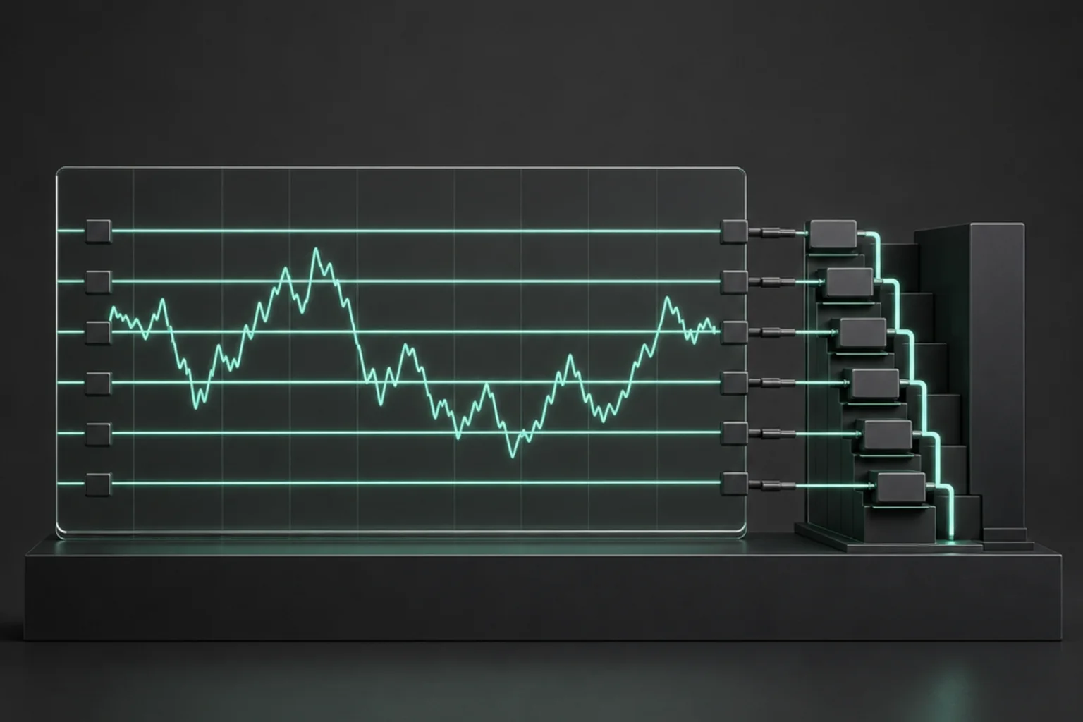 Dark graphite price-range panel with mint horizontal grid levels, an oscillating price trace, and connected automated order tiles arranged as a ladder.