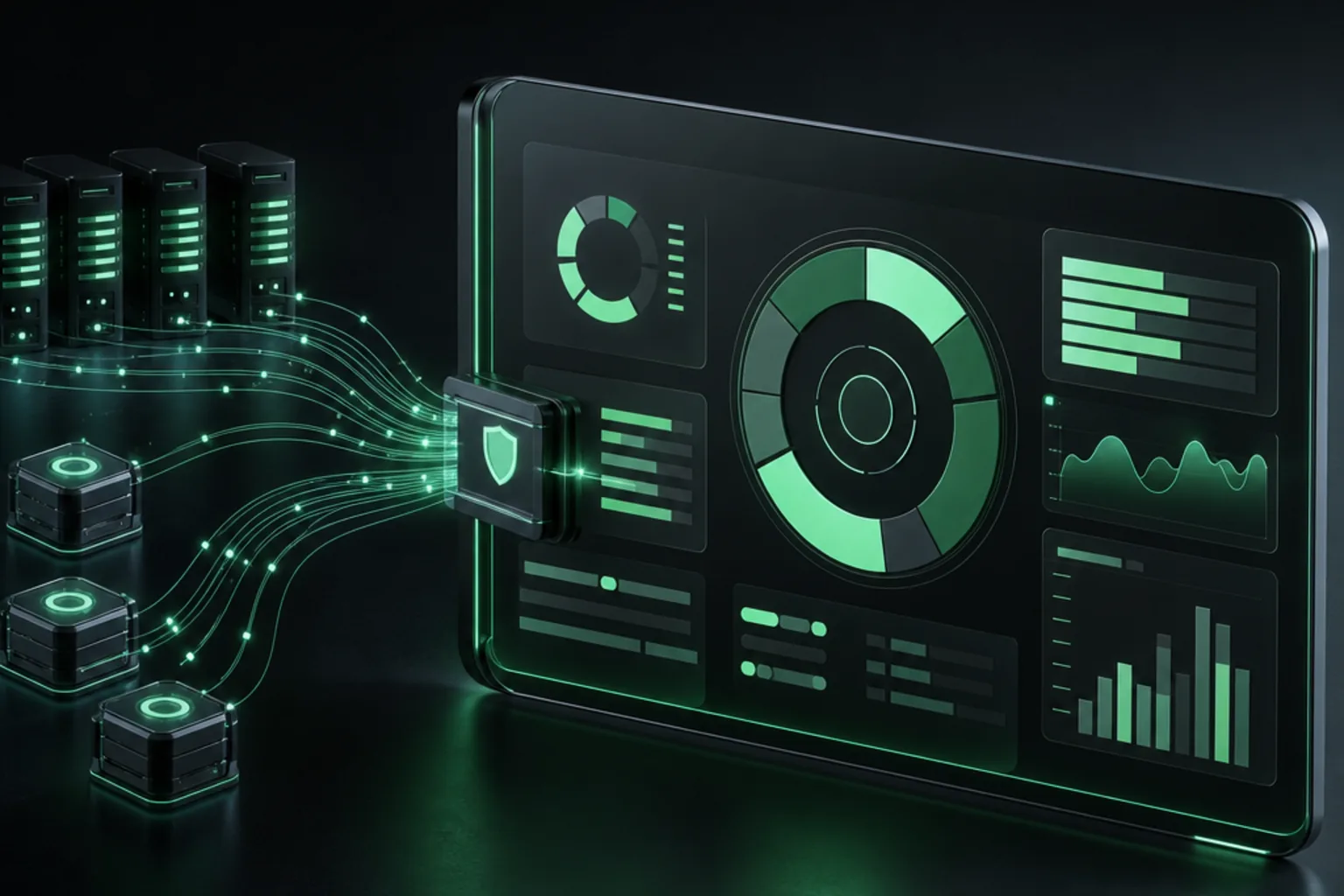 Read-only exchange and wallet data streams converge on a graphite portfolio dashboard with mint allocation graphics.
