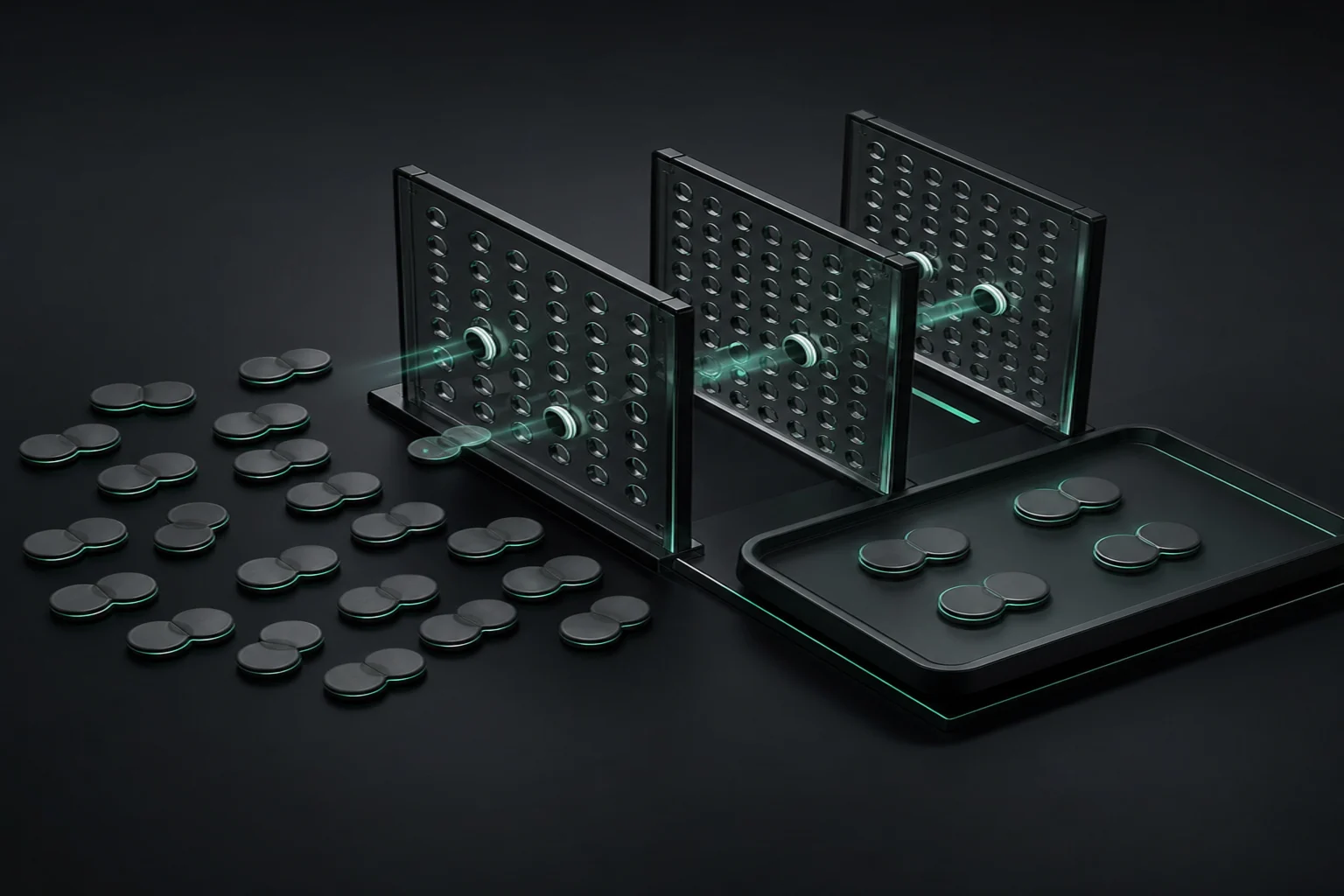 Mint-lit filter panels separate paired crypto tokens from multiple graphite market clusters into a discovery shortlist.