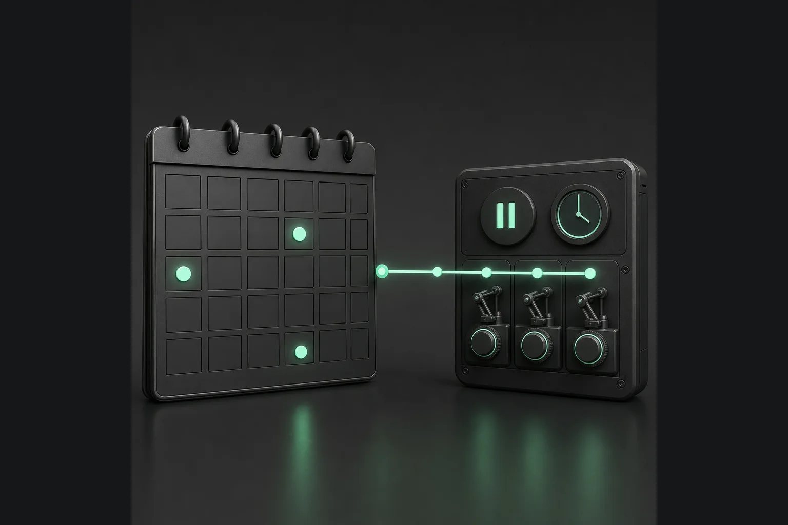 Mint event markers on a graphite calendar connect through a timeline to a separate automated-trading control panel with a clock and pause symbol.