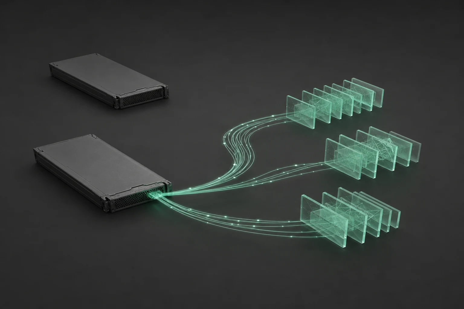 Mint fault signals from a graphite application server form separate stacks of translucent diagnostic tiles beside an isolated server.