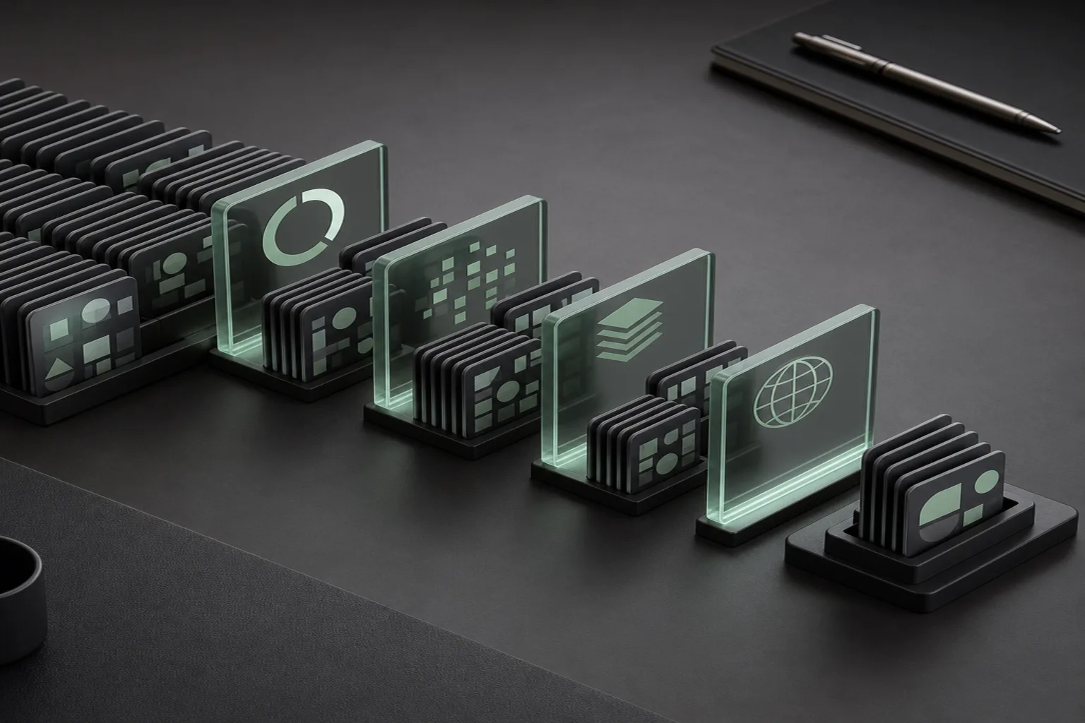 Graphite fund cards pass through mint-accented expense, holdings, liquidity and region filters into an ETF research shortlist.