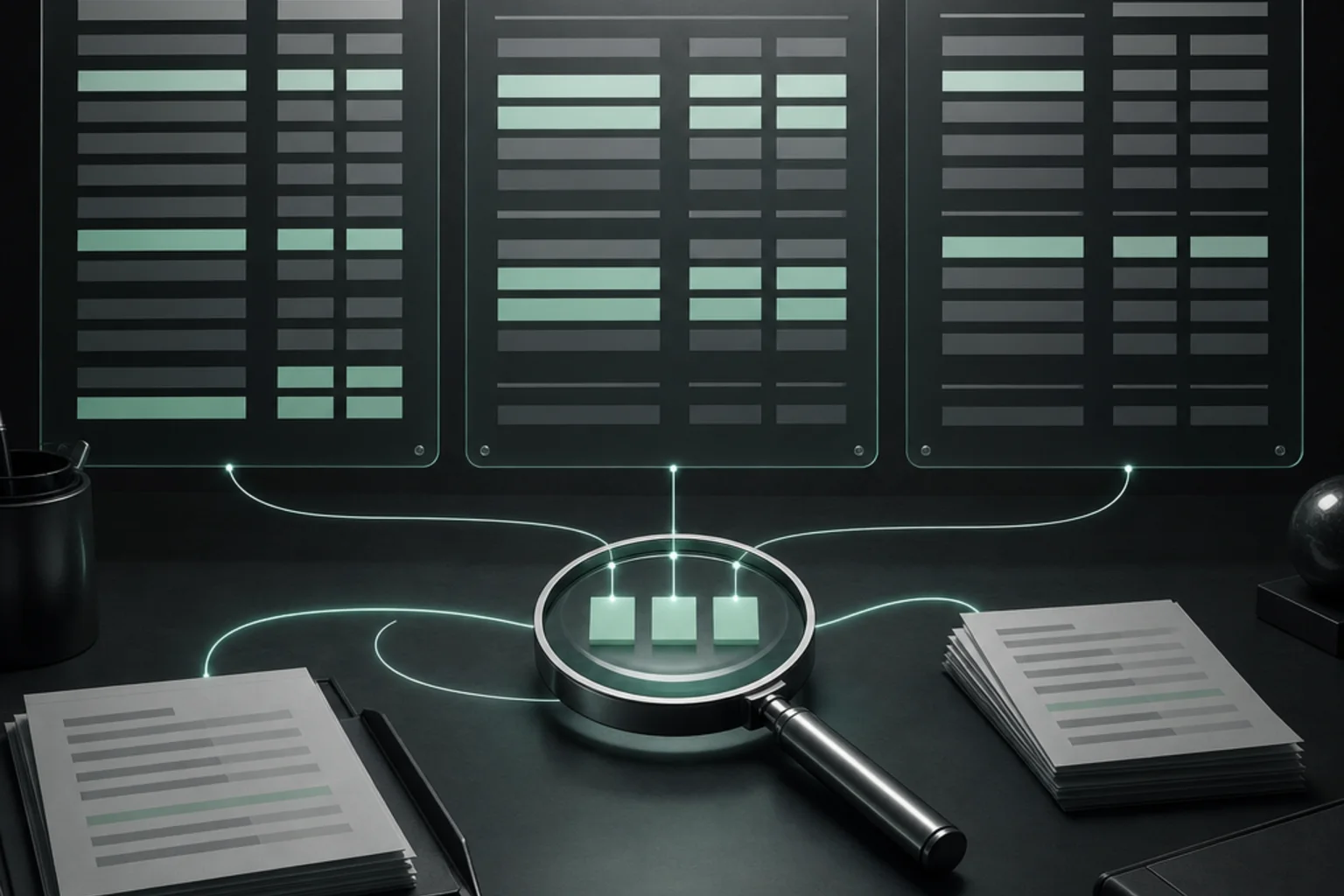 Graphite financial statement panels with aligned mint comparison bars and source documents arranged around a central research lens.