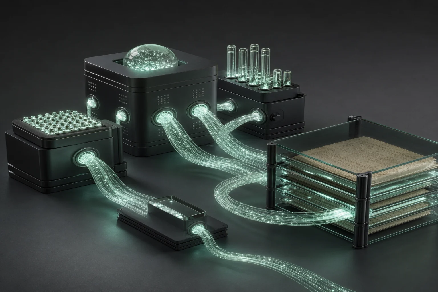 Mint data streams pass through translucent interface gateways into graphite automated computing modules and a layered historical archive.