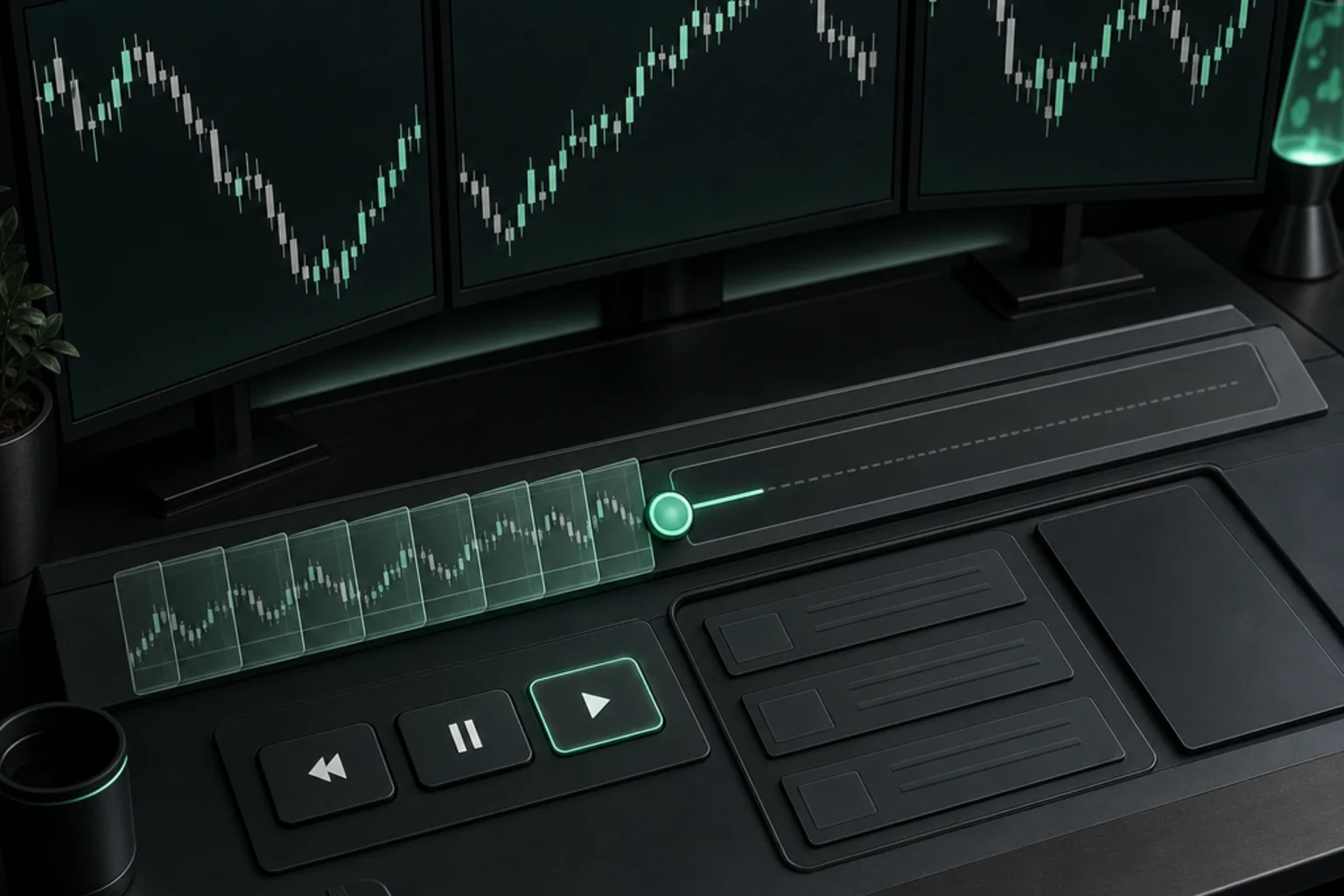 Graphite workstation with mint historical chart panels, a replay timeline and playback controls beside an order-review tray.