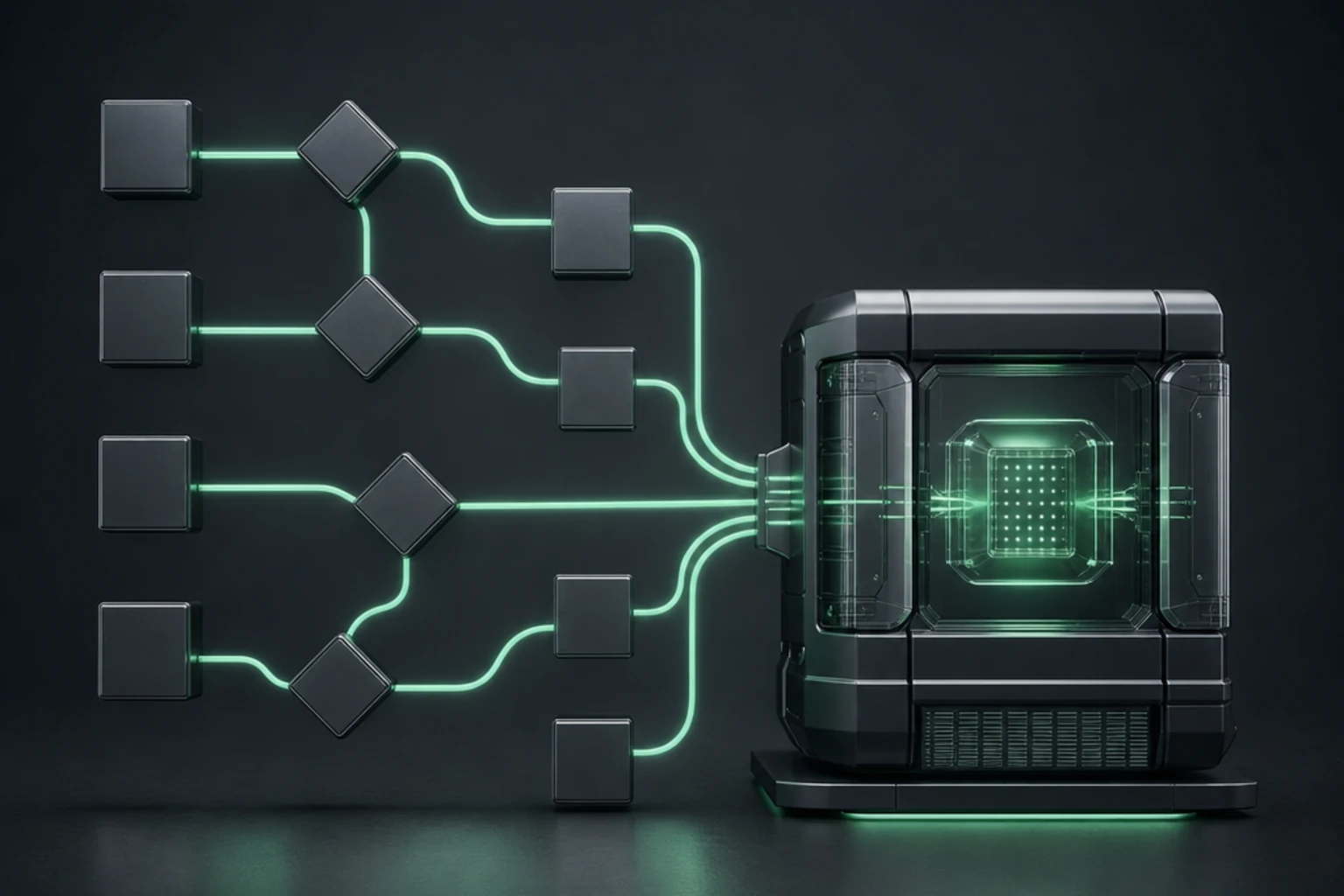 Dark graphite condition and action blocks connected by mint paths to a central trading execution module.