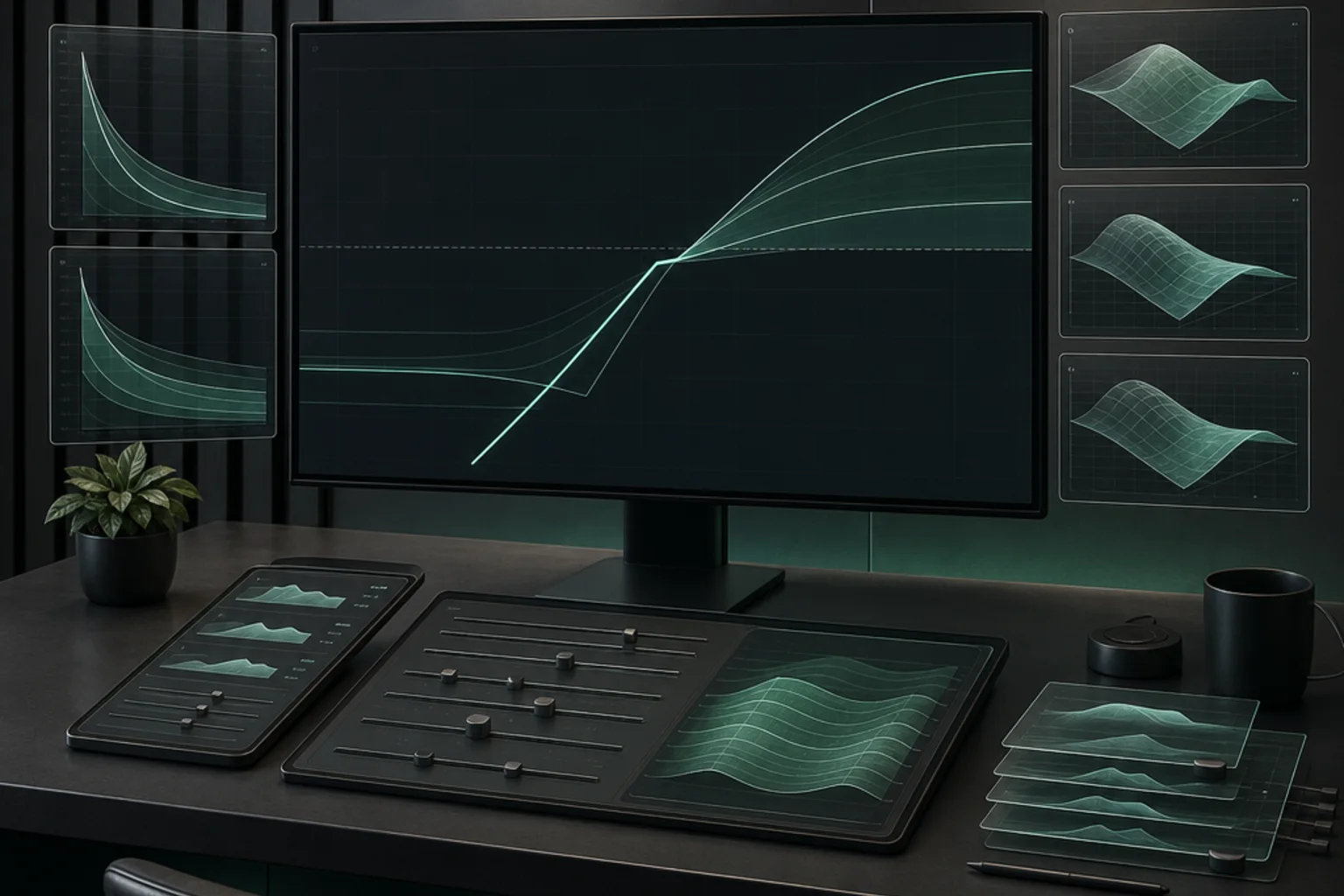 Graphite workstation with mint options payoff curves, time-decay charts and layered volatility scenario panels.