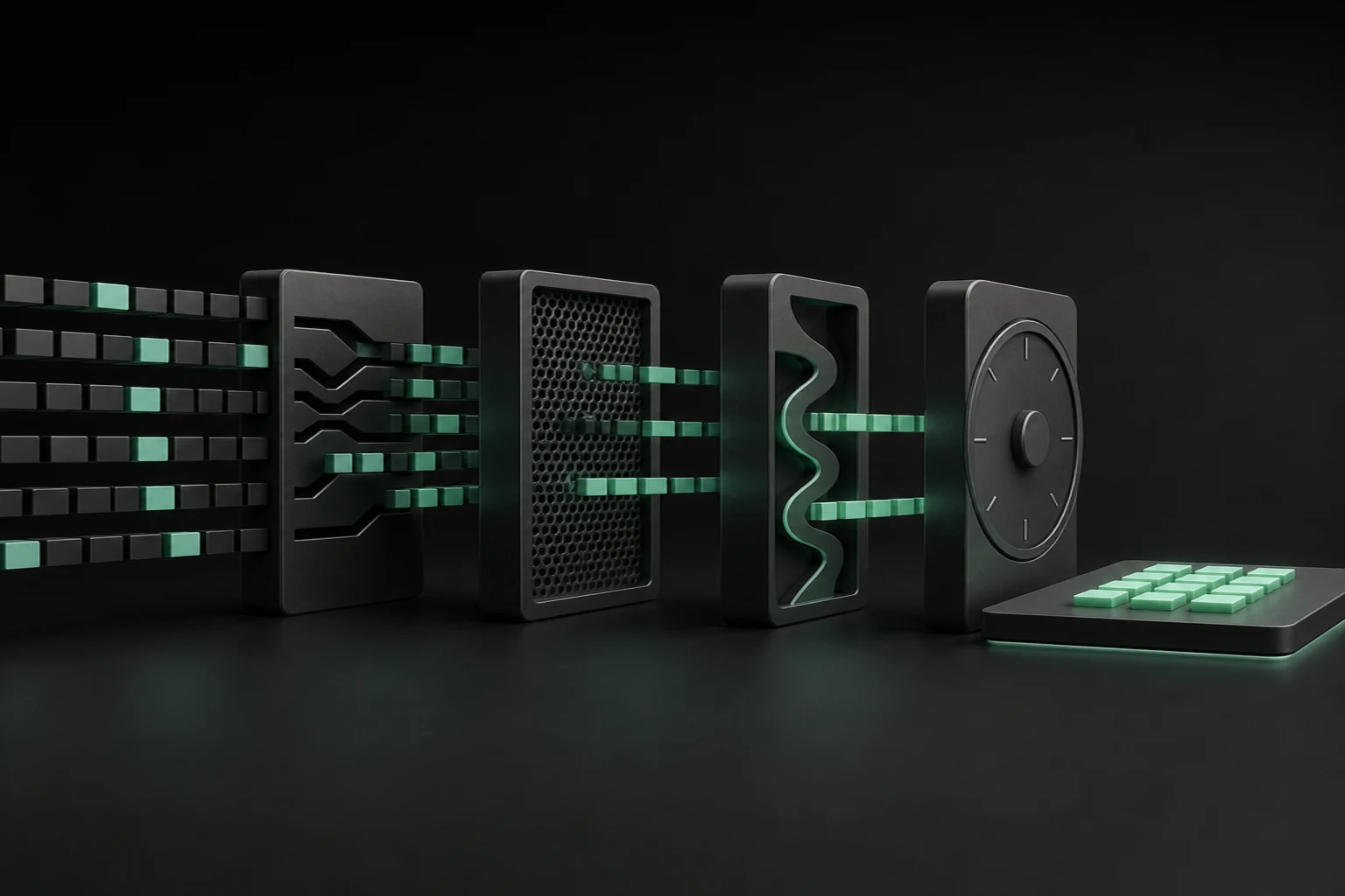 Rows of graphite option tiles pass through mint strategy, liquidity, volatility and clock-shaped freshness gates into a smaller shortlist.