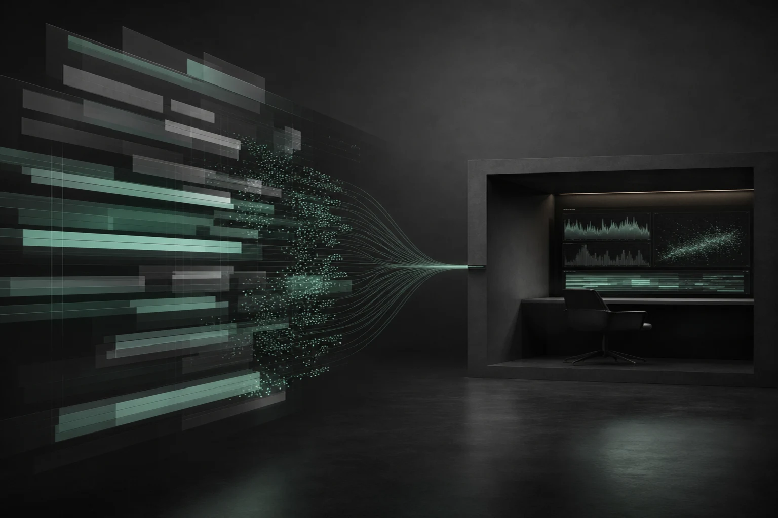 Layered graphite bid and ask bars, mint footprint clusters and heatmap bands flow through a market-data conduit into an analysis workstation.