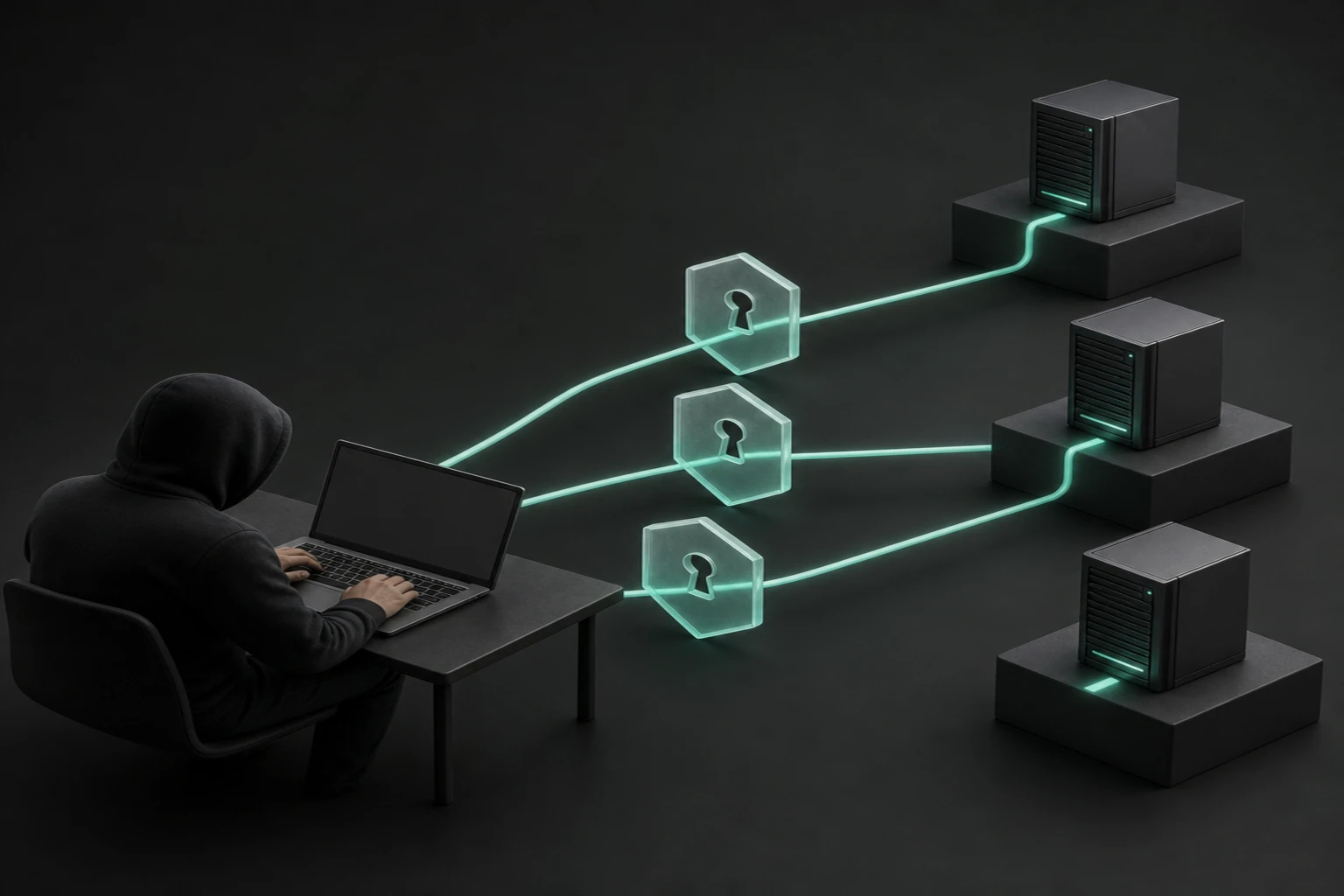 Mint private paths connect a graphite operator laptop through identity and policy gates to isolated server towers.