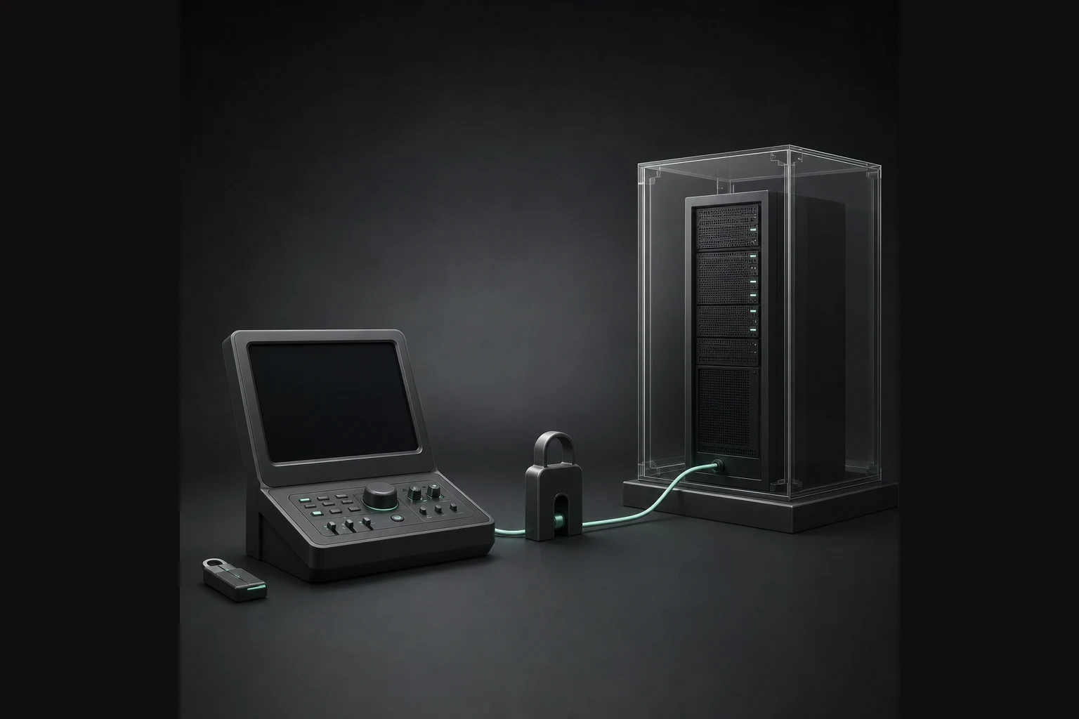 A graphite operator console and authentication key connect through a mint lock-shaped gateway to a server in a transparent enclosure.