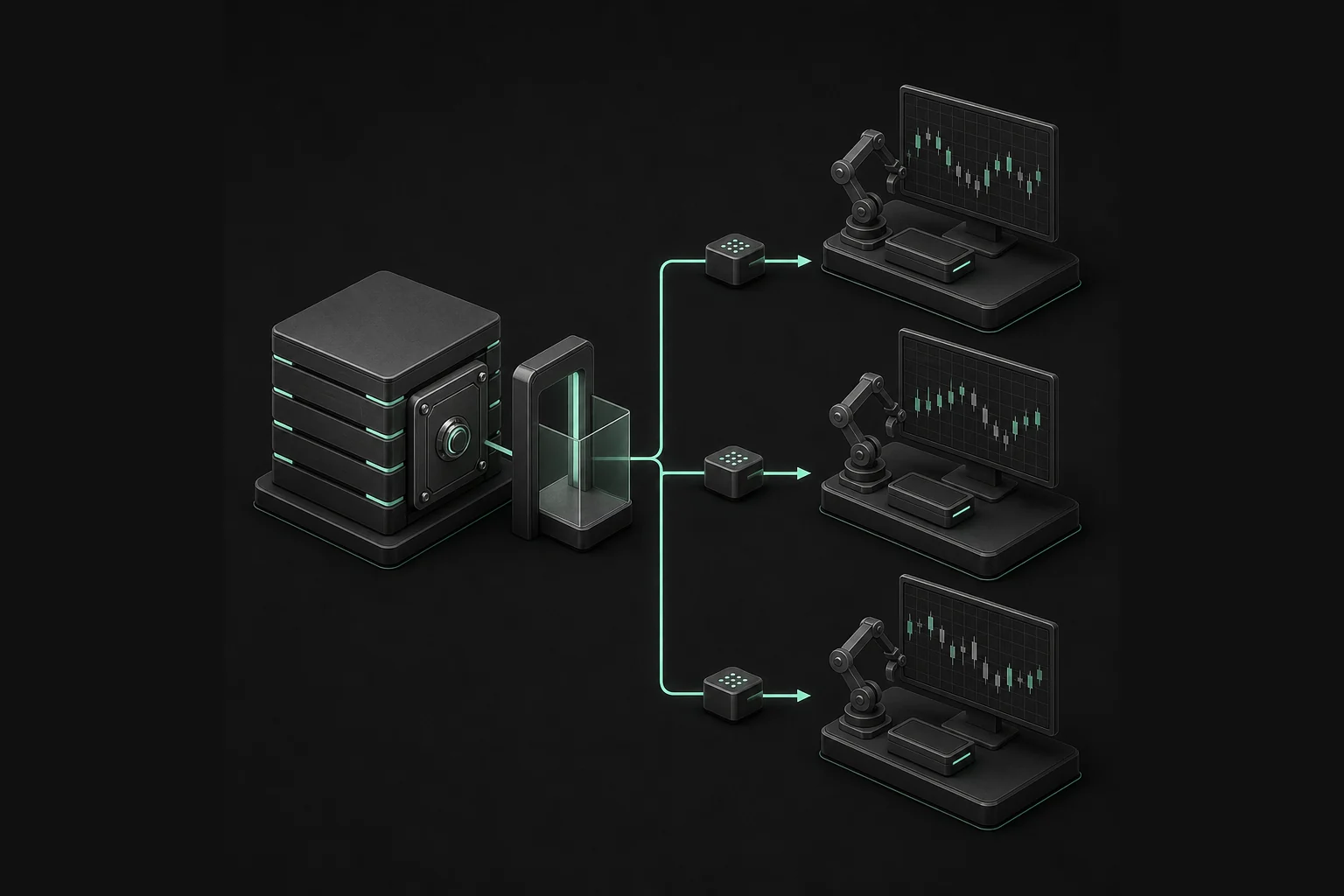 A graphite credential vault delivers mint access paths through control nodes to three separate automated trading worker terminals.
