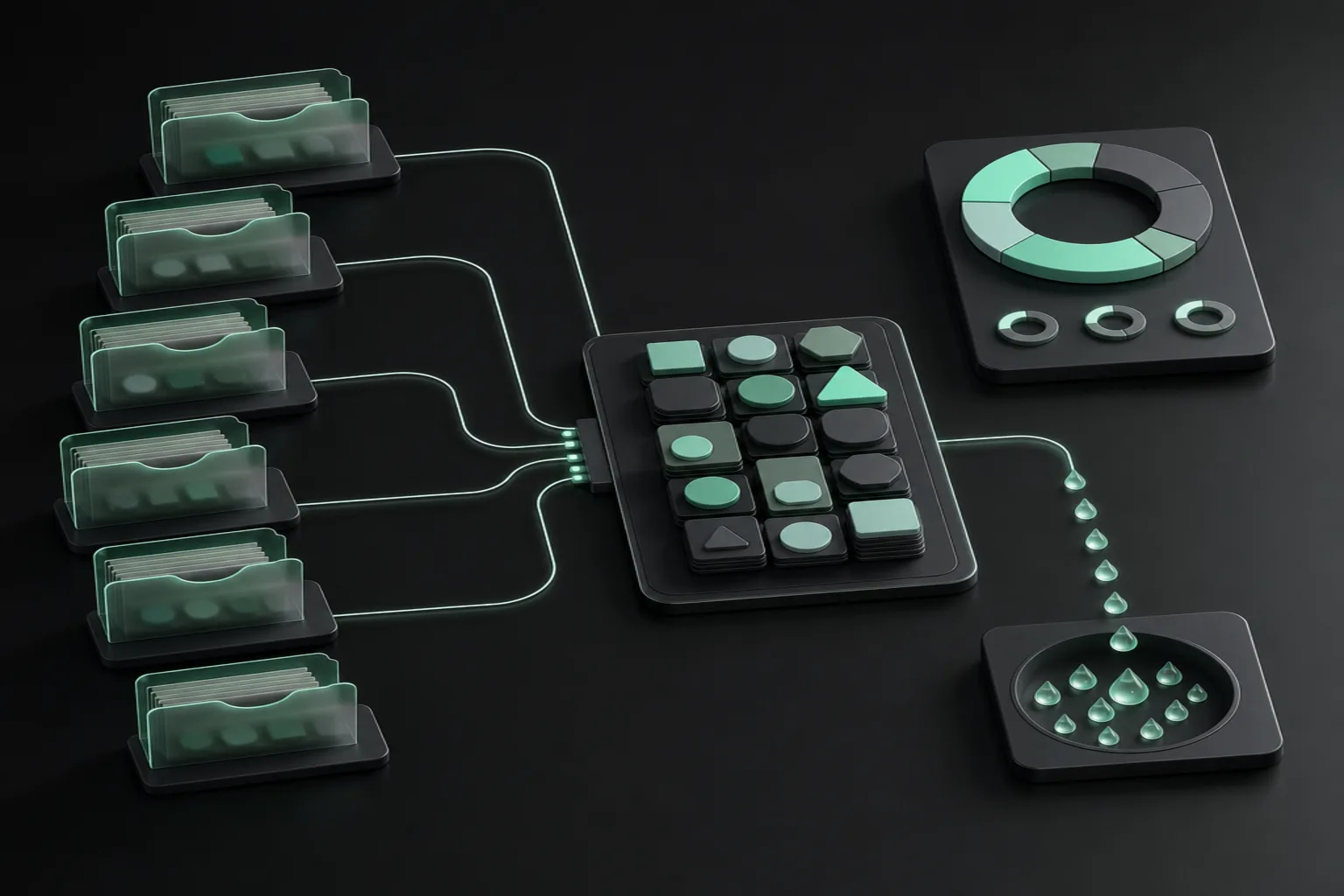 Graphite account folders and holding tiles converge into a mint-accented consolidated portfolio with dividend collection trays.