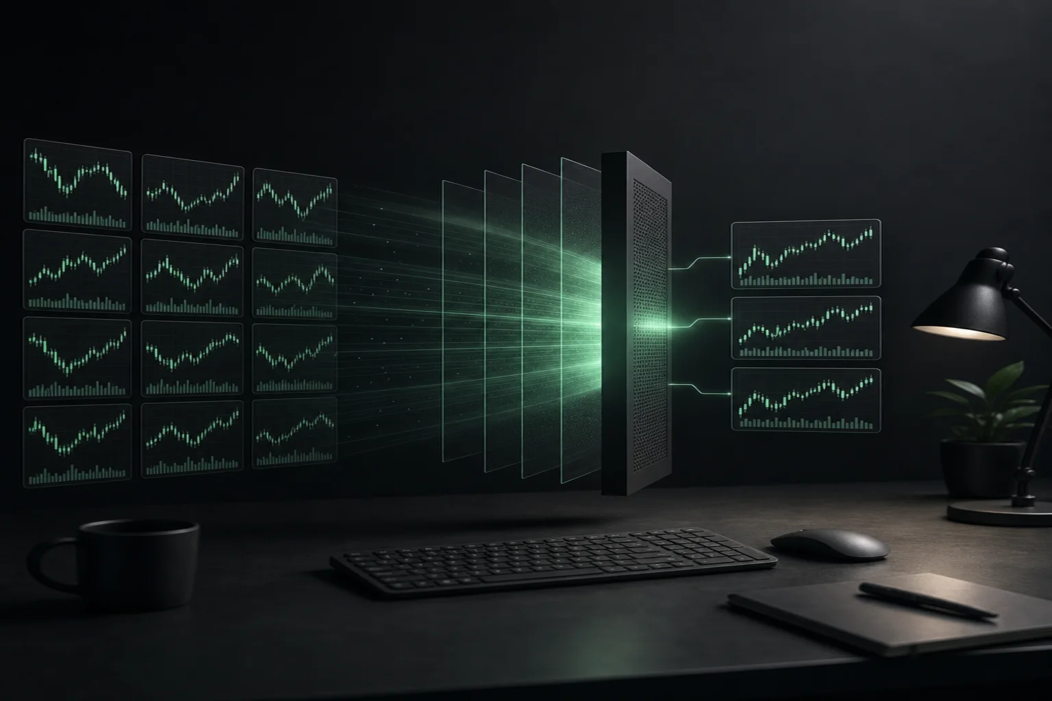 Graphite stock-scanning workstation with mint chart tiles passing through filters into a shortlist.