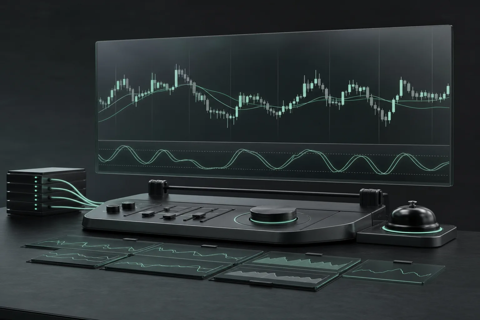 A graphite workstation displays layered mint-accented technical charts, indicator curves and an alert control connected to data-source modules.