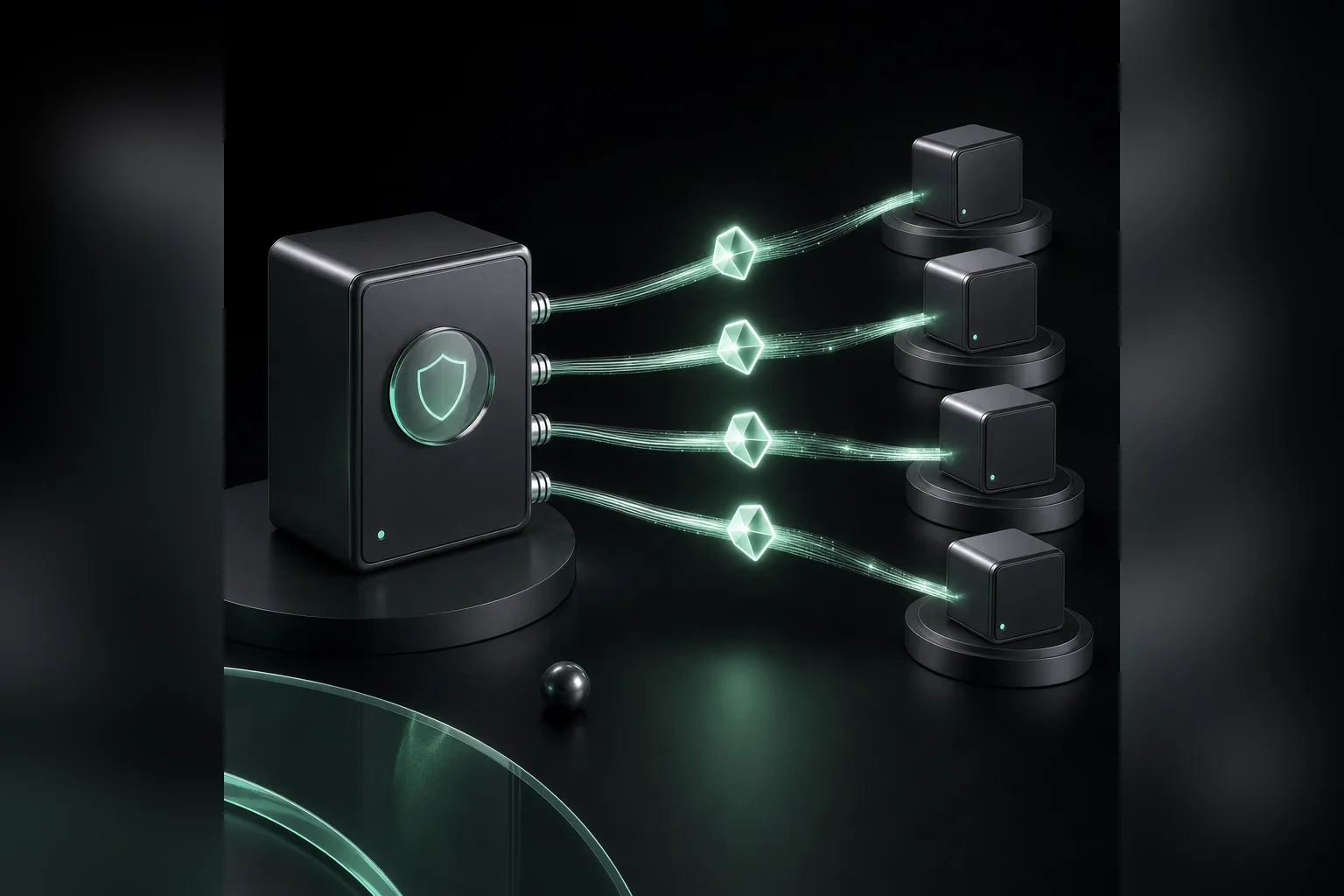 One shielded graphite trading account replicates mint order paths to four separate account terminals.
