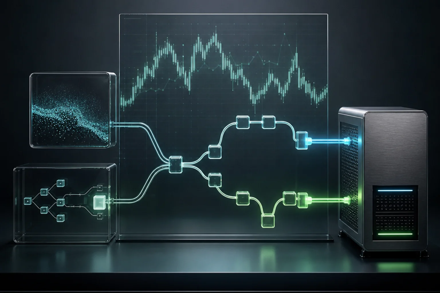 Illustration for Alpaca trading bots showing abstract dark market chart panels, connected automation nodes, and a broker server in mint colors