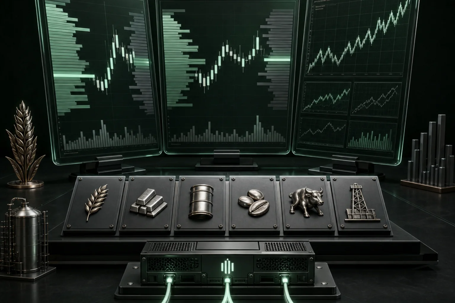 Dark graphite futures trading workstation with mint market depth panels, futures contract tiles, an exchange server, and glowing order-routing paths