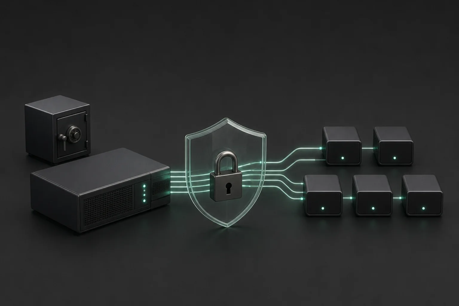 Dark graphite exchange server connected through a mint shield and padlock to five automation modules, with a separate closed reserve safe.
