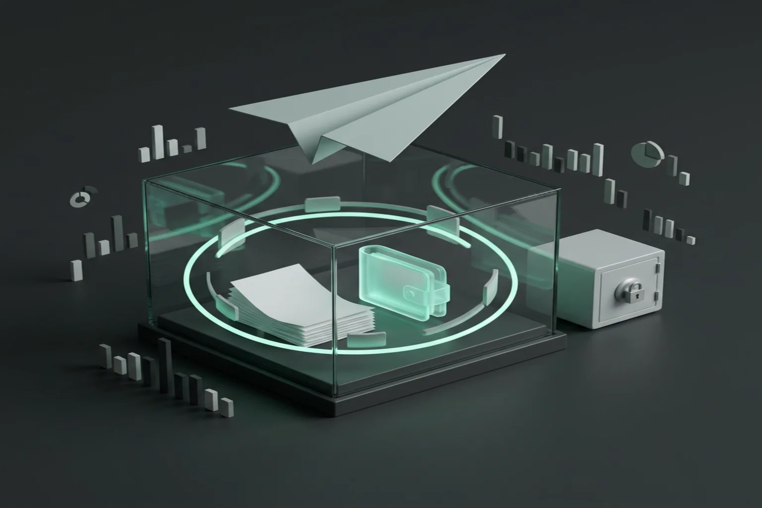 Dark graphite paper trading simulator with mint virtual order paths, paper contract sheets, a translucent simulated wallet, and a separated locked real-money vault.