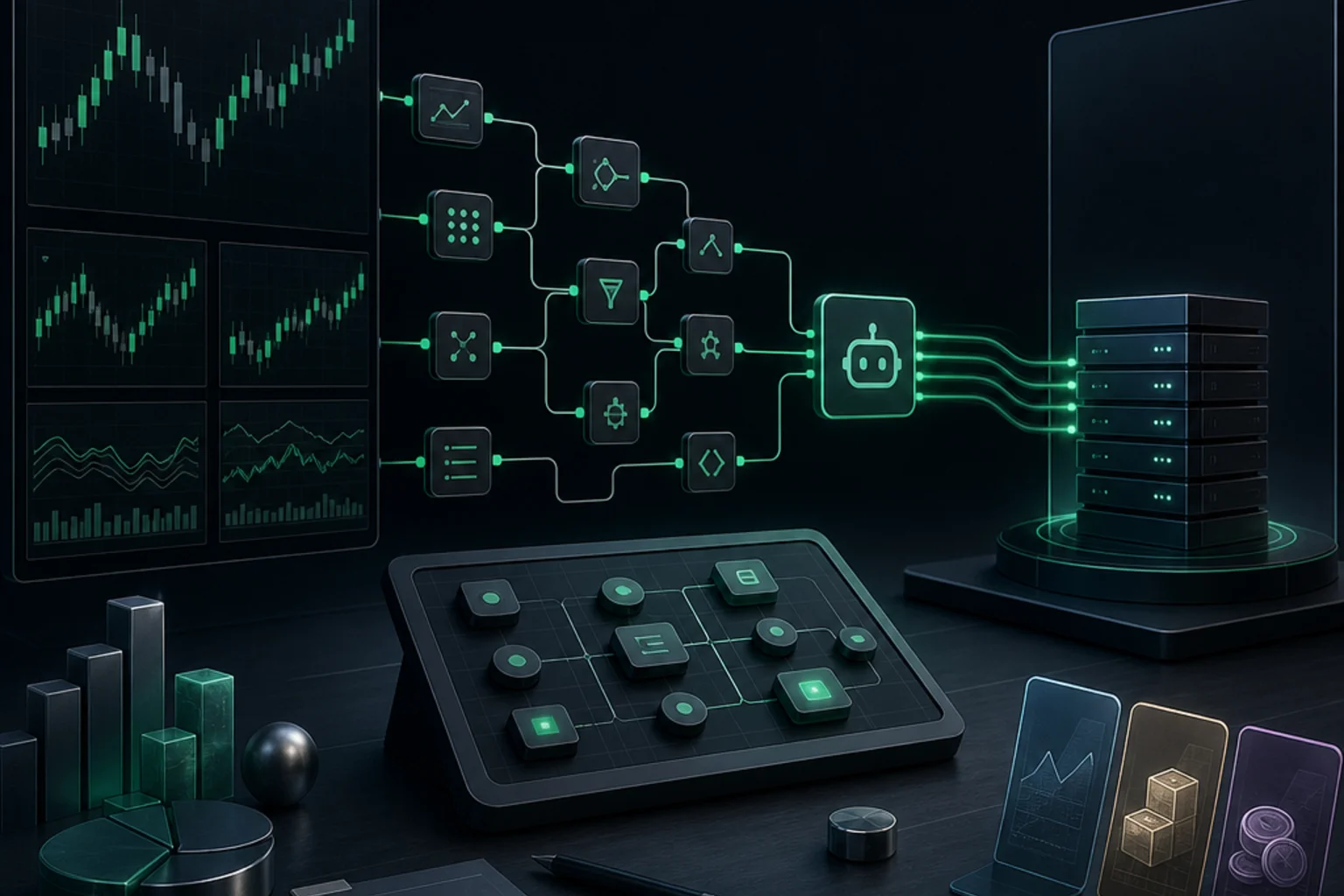 Illustration for TradeStation trading bots showing abstract market charts, connected automation nodes, and a broker server in dark mint colors