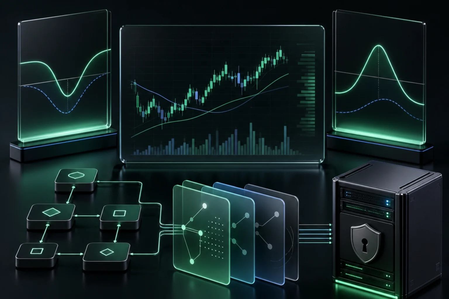 Illustration for Tradier trading bots showing abstract market charts, connected order-routing nodes, and a broker server in dark mint colors