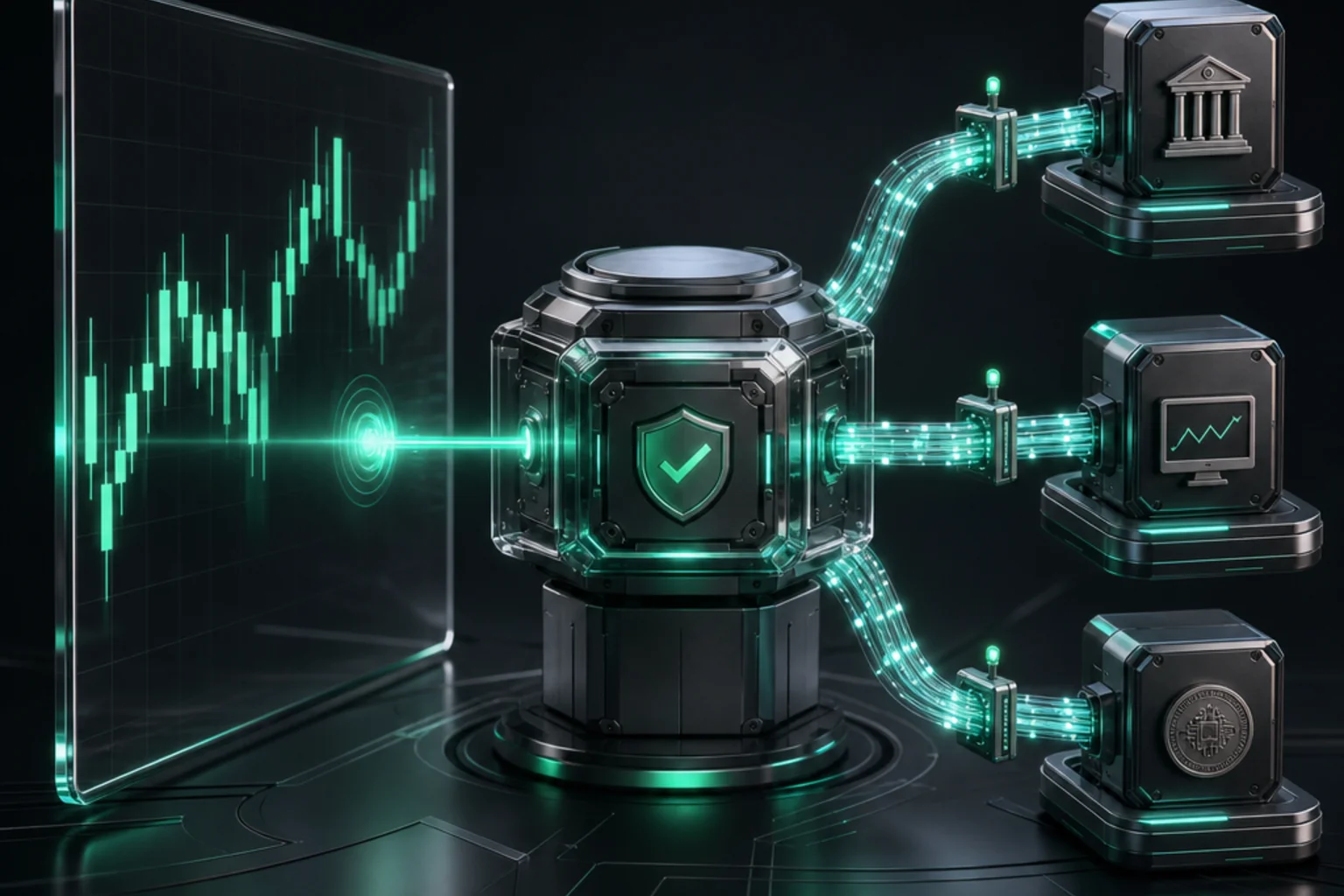 Illustration for TradingView alert bots showing abstract dark chart panels with branching alert-to-order paths and broker or exchange server endpoints in mint colors