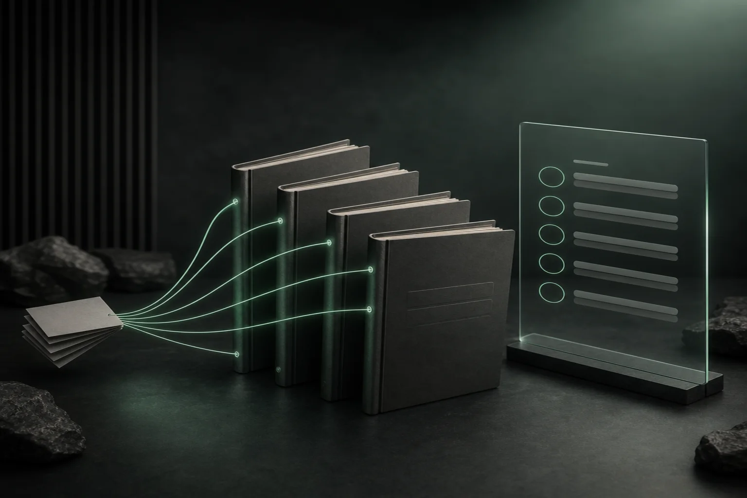 Blank execution records separated by mint threads into distinct graphite strategy journals beside a clean review panel.
