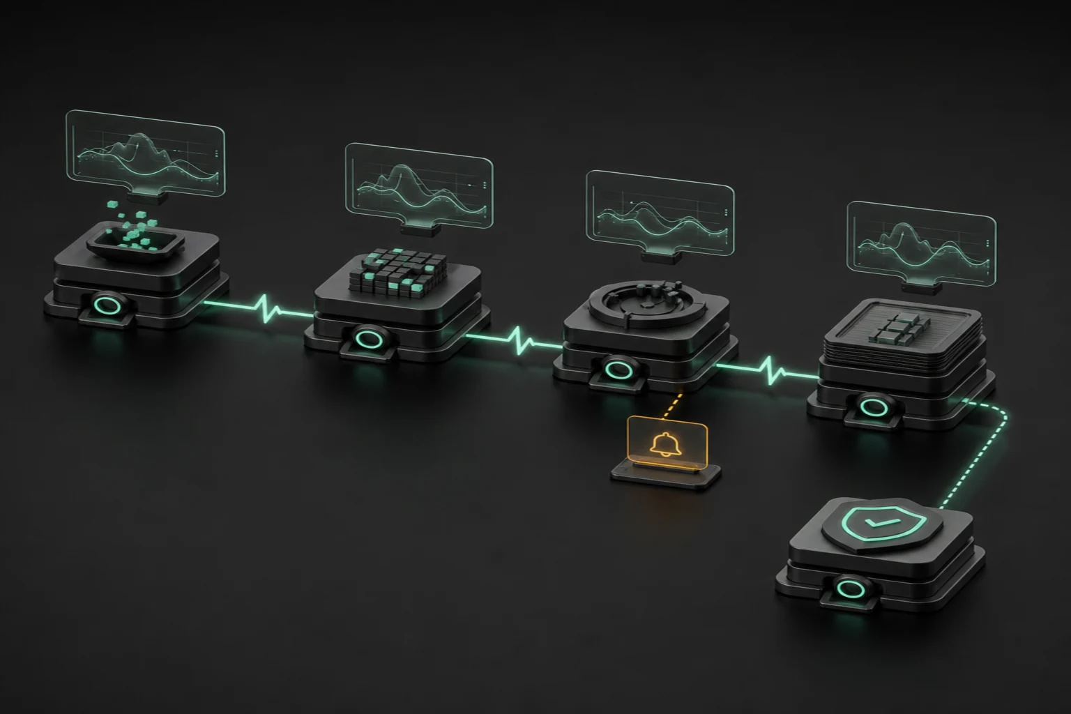 Mint heartbeat paths connect four graphite trading-bot processing nodes to independent monitoring rings and an alert panel.