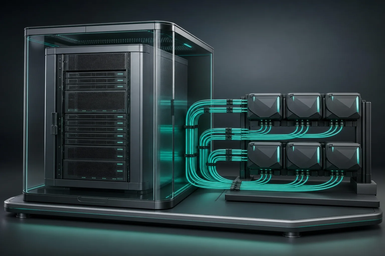 Graphite server protected by a translucent shield with mint connections linking automated trading terminals.